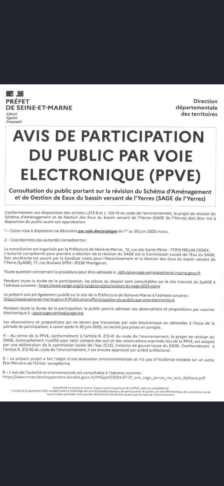 Avis public SAGE de l'Yerres