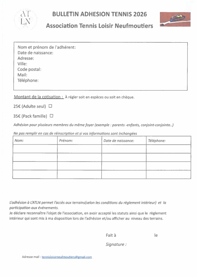 Bulletin adhésion tennis image