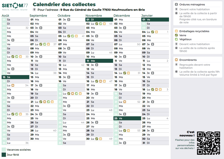 Calendrier de collecte des déchets SIETOM Août 2026 à Janvier 2027