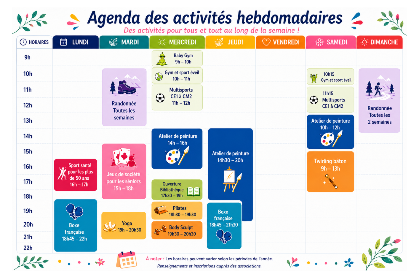 Planning des activités hebdos