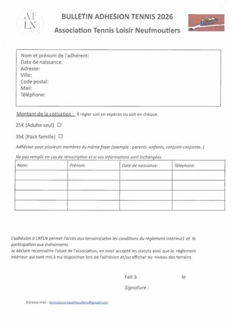 Bulletin adhésion tennis image