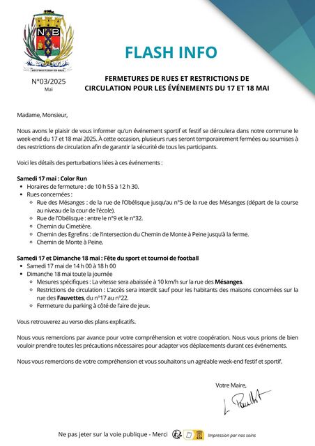 Flash info - Fermetures de rues et restrictions de circulation du 17 et 18 mai 2025 - image 1